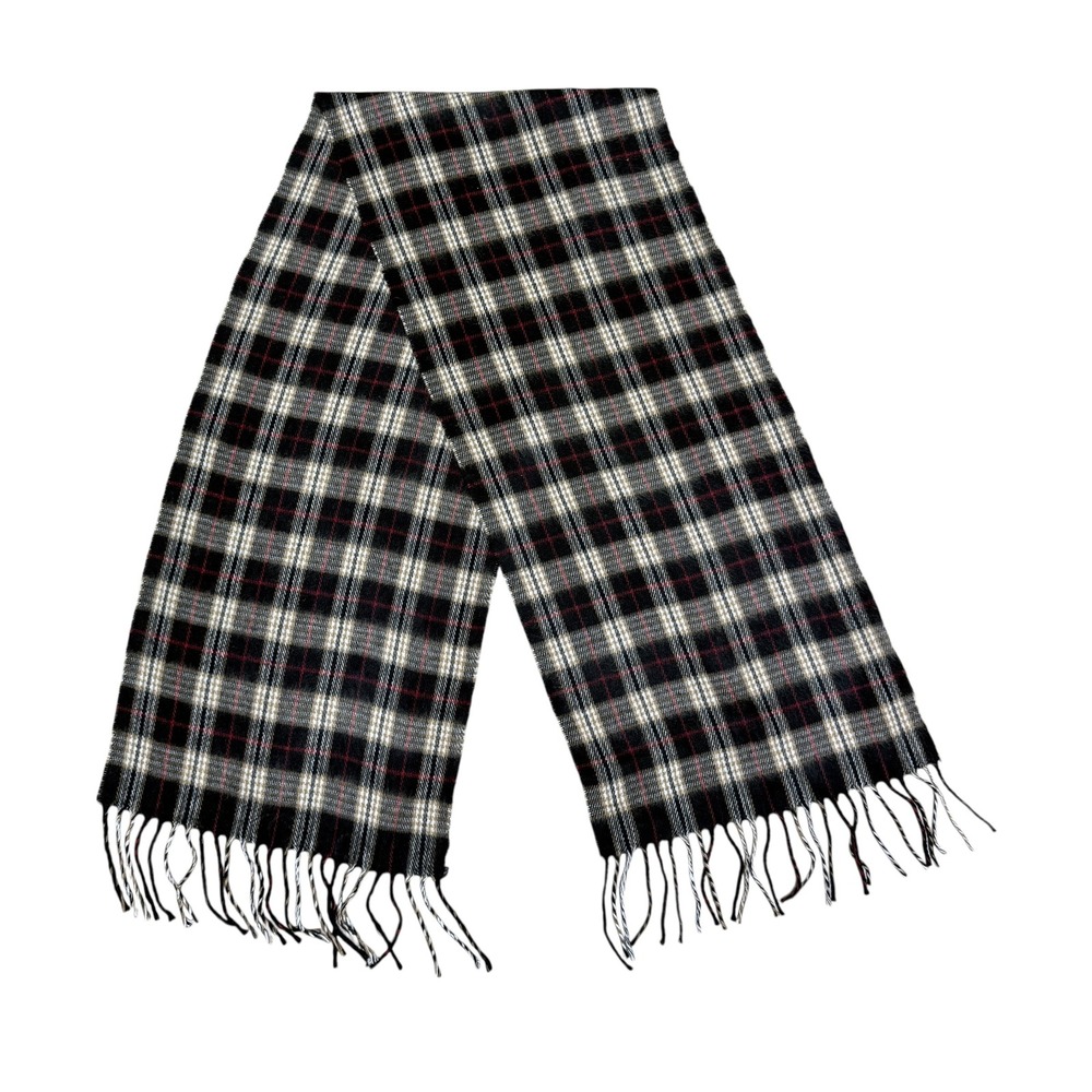 Geoffrey Beene Cashme Scarf Plaid Black Tan Red Made in Italy Acrylic Fringe